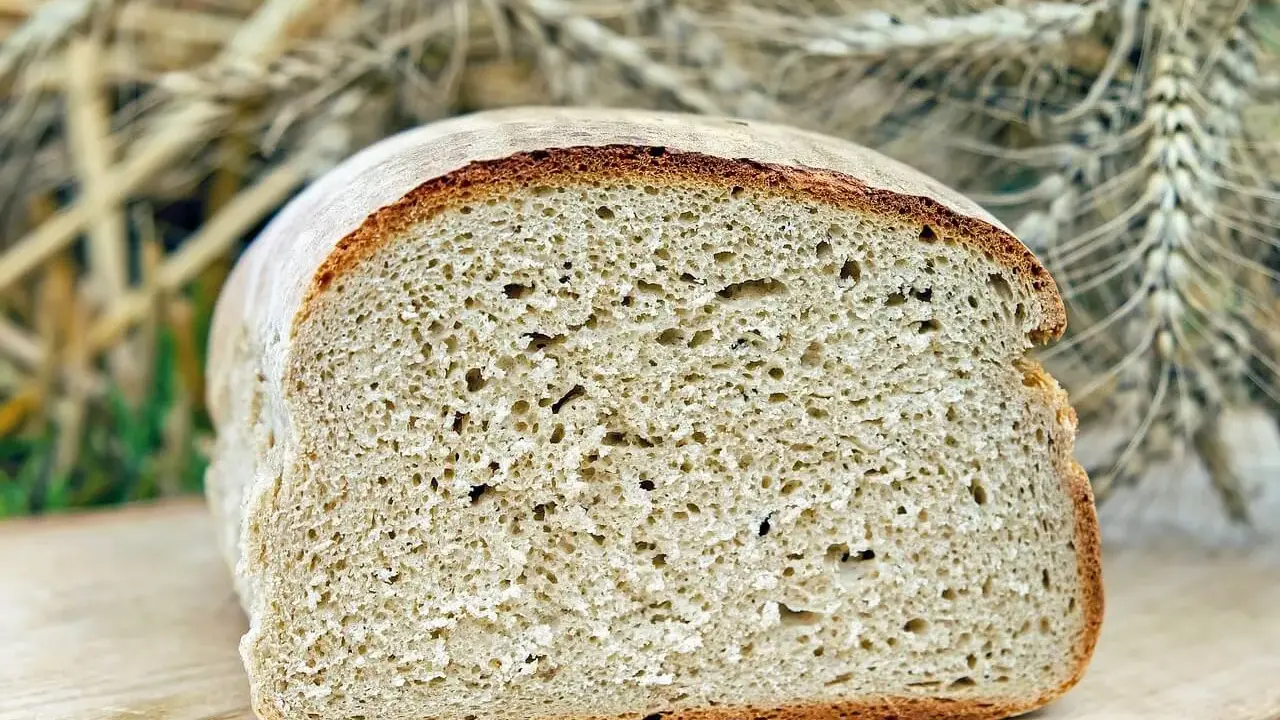 Ein frisch gebackenes, aufgeschnittenes Brot liegt auf einem Holzbrett. Im Hintergrund sind Ähren zu sehen, die an ein Kaninchen erinnern, das sich am Brot labt.