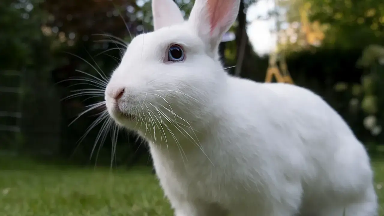 Ein flauschiges, weißes albino Kaninchen mit blauen Augen sitzt im Gras.