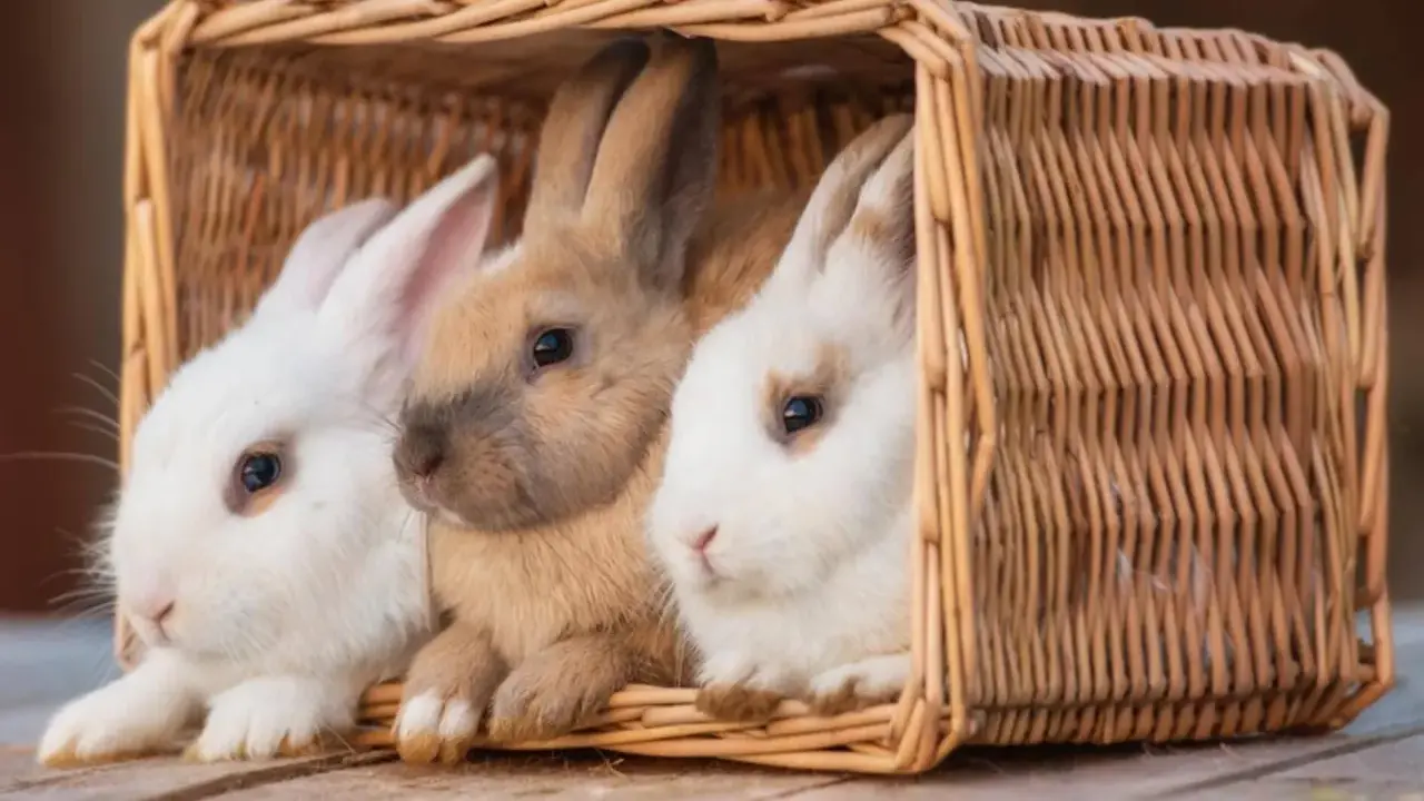 Drei süße Kaninchen, weiß und braun, kuscheln in einem Korb. Vielleicht sucht hier ein Kaninchenpartner?