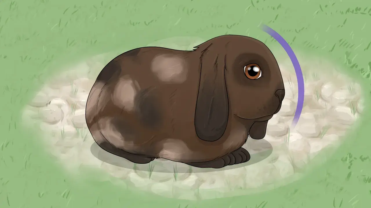 Ein braunes Kaninchen mit Schlappohren sitzt im Gras. Ein violetter Bogen deutet auf eine Bewegung hin, vielleicht beim Versuch, das Kaninchen einzufangen.