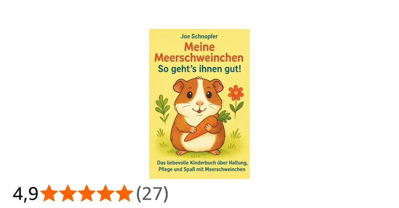 Ein süßes Meerschweinchen hält eine Karotte. Das Buch "Meine Meerschweinchen" erklärt, was fressen Meerschweinchen und wie sie glücklich sind.