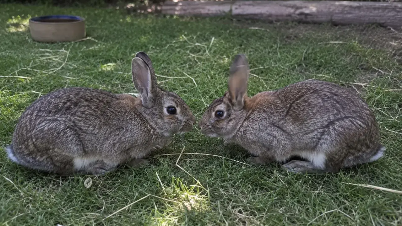 Zwei Kaninchen beschnuppern sich, vielleicht wird hier die Kaninchen Rangordnung ausgehandelt.