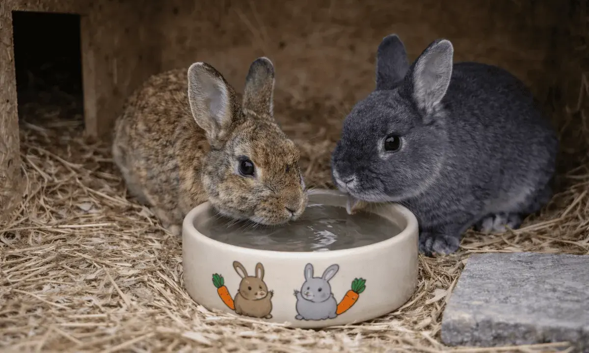 Zwei Kaninchen trinken aus einem Napf. Die Frage, wie viel trinken Kaninchen am Tag, ist wichtig für ihre Gesundheit.