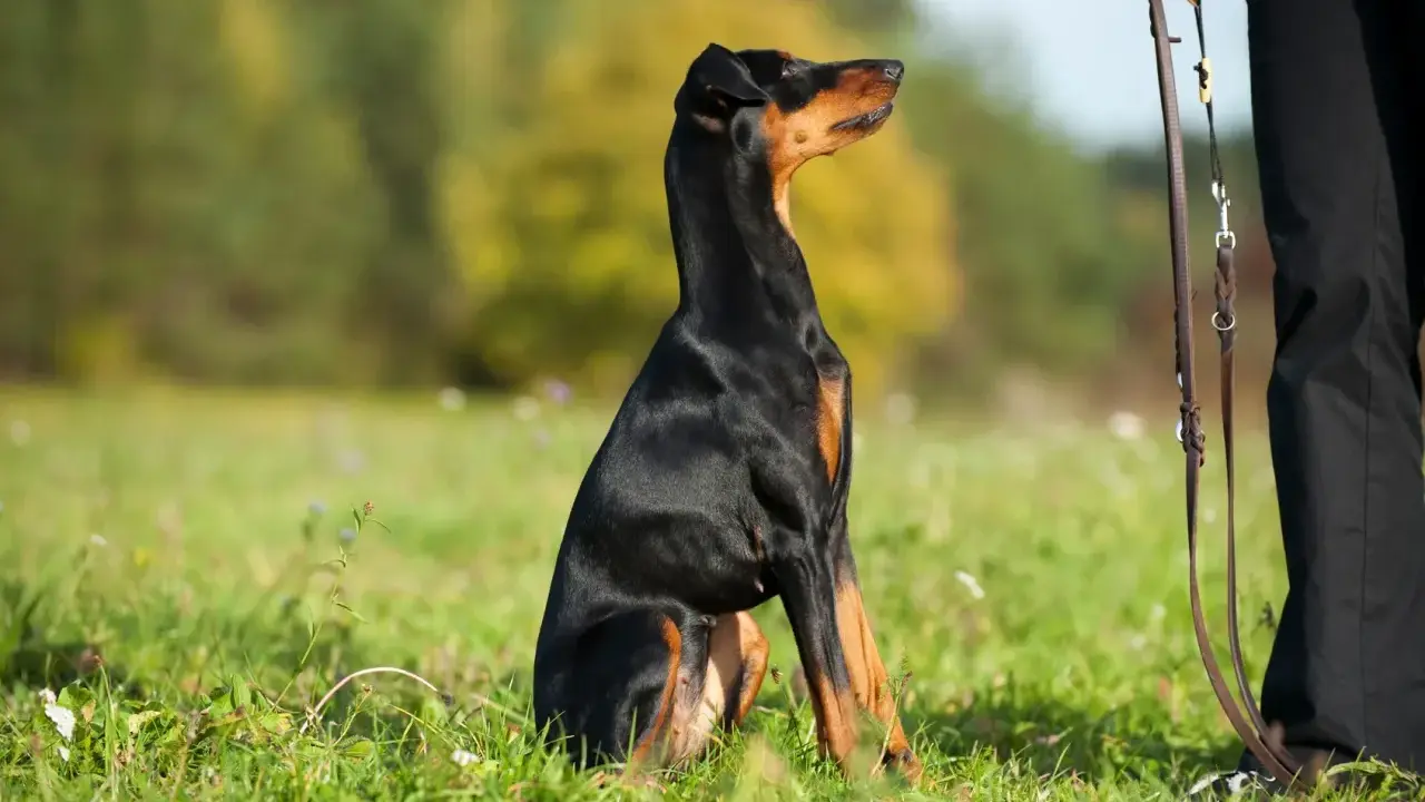 Schwarzer Dobermann sitzt im Gras, Blick nach oben. Ähnlich wie Dominanzverhalten Kaninchen Weibchen, zeigt der Hund Aufmerksamkeit.