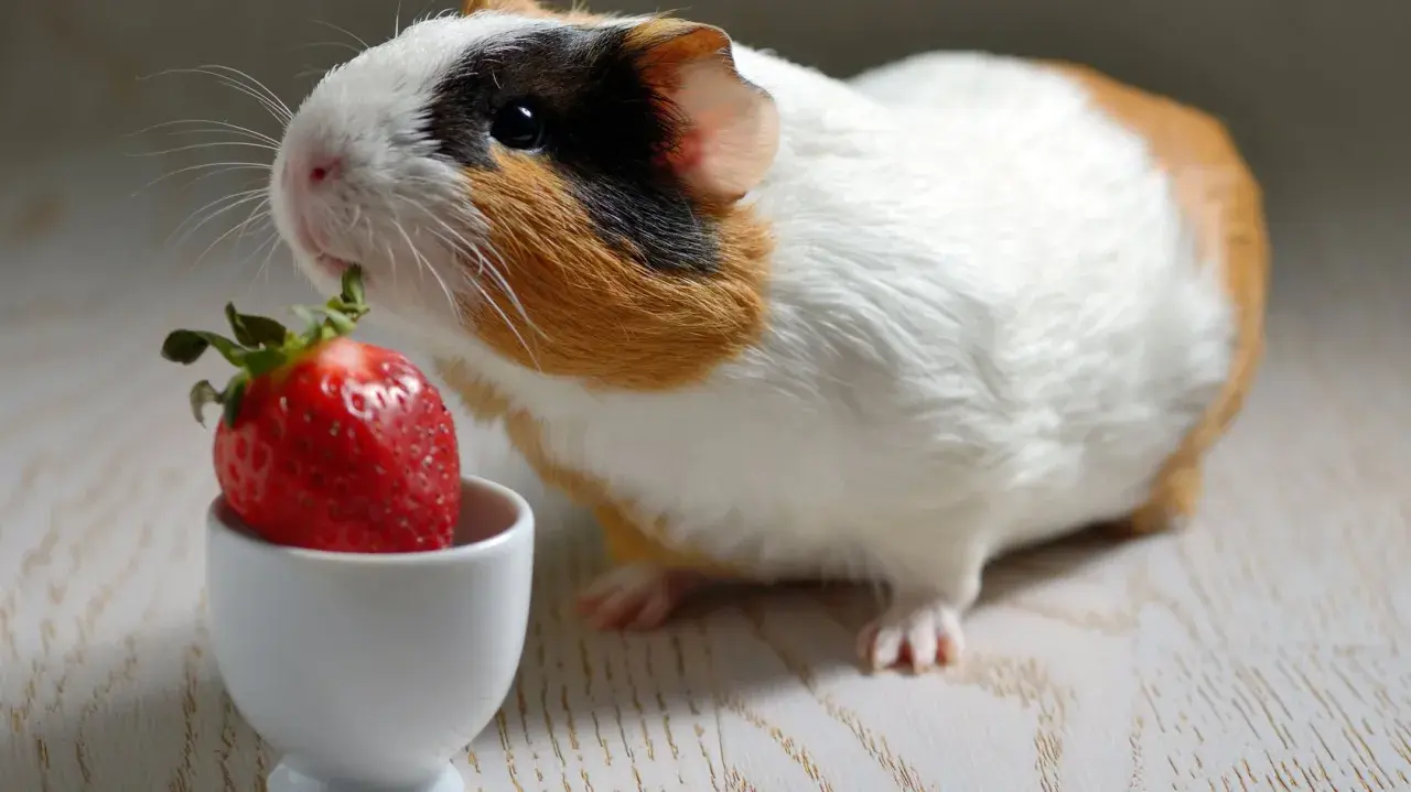 Ein Meerschweinchen nascht genüsslich von einer Erdbeere in einem kleinen weißen Napf.