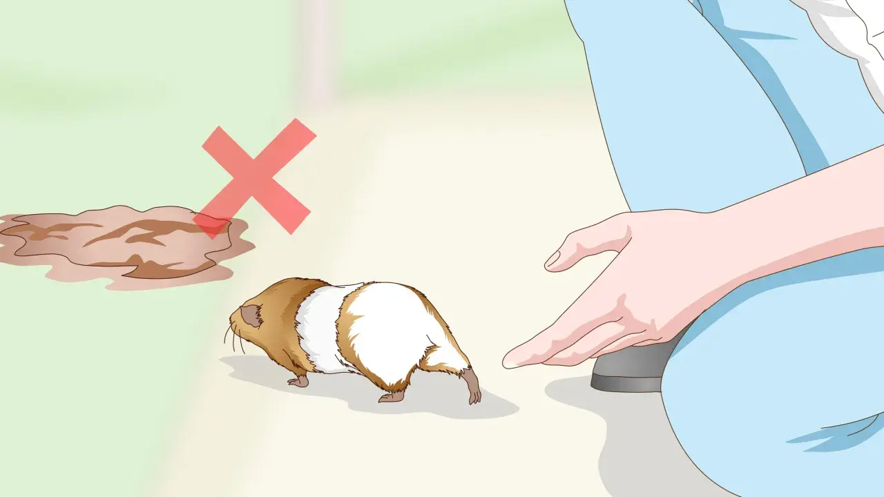 Ein Meerschweinchen wird von einer Person gehalten. Daneben ist eine Pfütze mit einem roten Kreuz, was bedeutet, dass Meerschweinchen baden nicht gut ist.