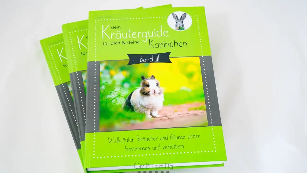 Drei grüne Bücher mit Kaninchenmotiv und dem Titel "Kräuterguide für deine Kaninchen".