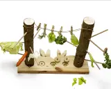 Ein Spielzeug für Kaninchen mit Gemüse, das an Wäscheleinen hängt. Ein Karotte liegt auf dem Holz.