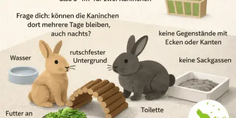 Zwei Kaninchen, ein braunes und ein graues, sitzen in einem Gehege mit Futter, Wasser und Toilette. Tipps für die artgerechte Haltung von hasen als haustier.