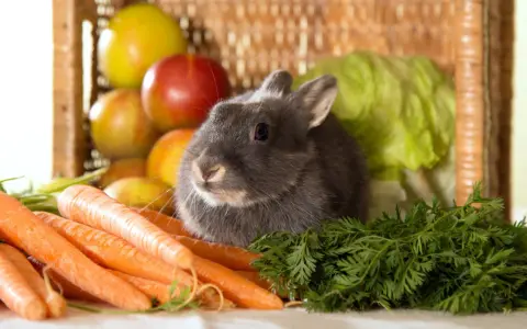 Graues Kaninchen sitzt vor Karotten und einem Korb mit Äpfeln. Es träumt von einer saftigen Wassermelone.