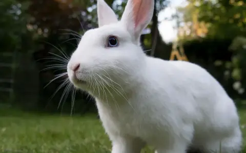 Ein flauschiges, weißes albino Kaninchen mit blauen Augen sitzt im Gras.