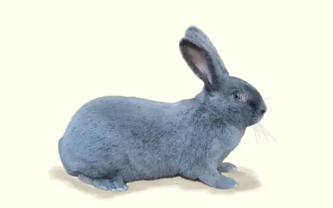 Ein flauschiges, graublaues Kaninchen sitzt auf einem hellen Hintergrund. Diese seltenen blaue Kaninchen sind faszinierend.