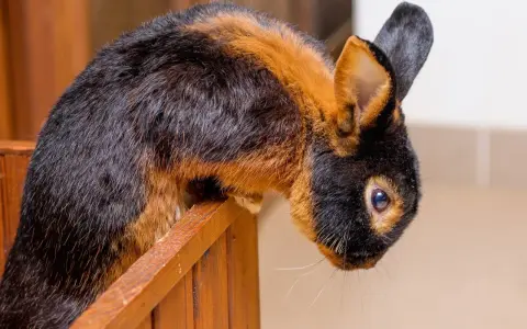 Ein Lohkaninchen mit schwarz-braunem Fell sitzt auf einem Holzsteg. Ein Züchter freut sich über diesen schönen Farbenschlag.
