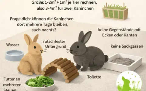 Zwei Kaninchen, ein helles und ein dunkles, sitzen nebeneinander. Sie jagen sich nicht, sondern erkunden ihr Gehege mit Futter, Wasser und einer Toilette.