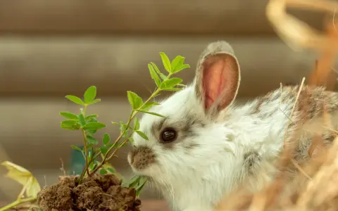 Ein flauschiges Kaninchen knabbert an einer grünen Pflanze. Vorsicht, manche Pflanzen sind giftig und können Kaninchen schaden!