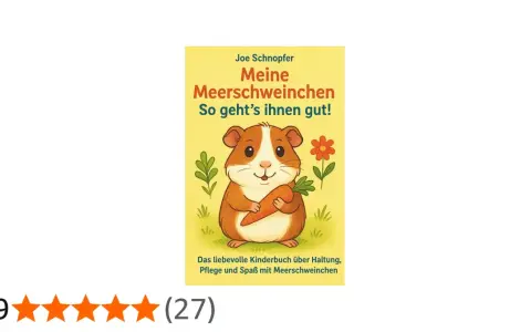 Ein süßes Meerschweinchen hält eine Karotte. Das Buch "Meine Meerschweinchen" erklärt, was fressen Meerschweinchen und wie sie glücklich sind.