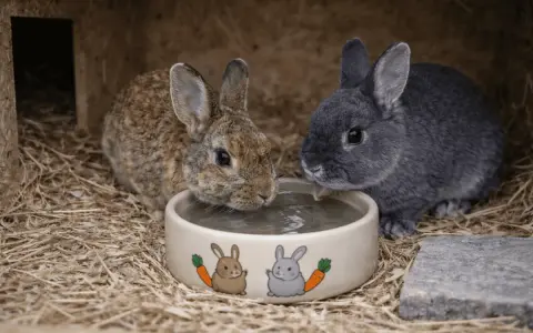 Zwei Kaninchen trinken aus einem Napf. Die Frage, wie viel trinken Kaninchen am Tag, ist wichtig für ihre Gesundheit.