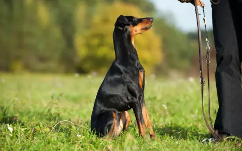 Schwarzer Dobermann sitzt im Gras, Blick nach oben. Ähnlich wie Dominanzverhalten Kaninchen Weibchen, zeigt der Hund Aufmerksamkeit.