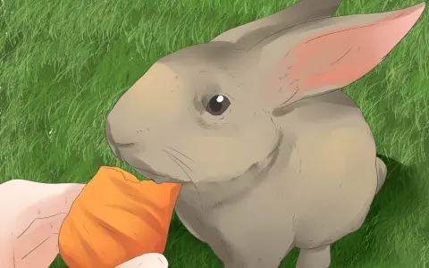 Ein Kaninchen grunzt genüsslich, während es eine Karotte von einer Hand frisst.