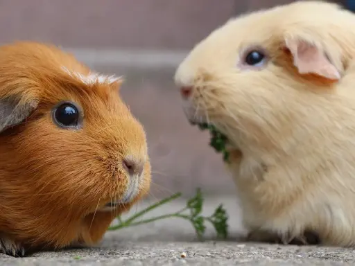 Zwei Meerschweinchen, eines braun, das andere hellbeige, fressen gemeinsam Petersilie. Niemals ein Meerschweinchen alleine halten!