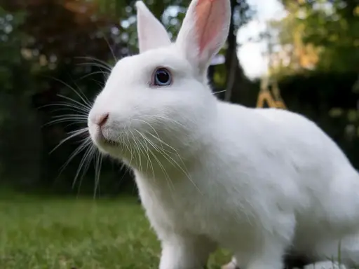 Ein flauschiges, weißes albino Kaninchen mit blauen Augen sitzt im Gras.