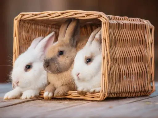 Drei süße Kaninchen, weiß und braun, kuscheln in einem Korb. Vielleicht sucht hier ein Kaninchenpartner?