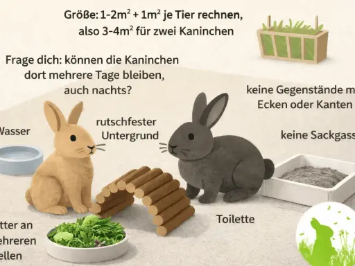 Zwei Kaninchen, ein helles und ein dunkles, sitzen nebeneinander. Sie jagen sich nicht, sondern erkunden ihr Gehege mit Futter, Wasser und einer Toilette.