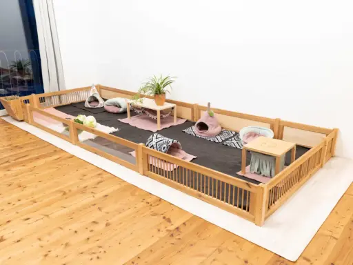Ein geräumiges Gehege mit Holzumrandung, weichem Teppichboden und gemütlichen Häuschen für Meerschweinchen. Die meerschweinchen einstreu ist sauber und lädt zum Spielen ein.
