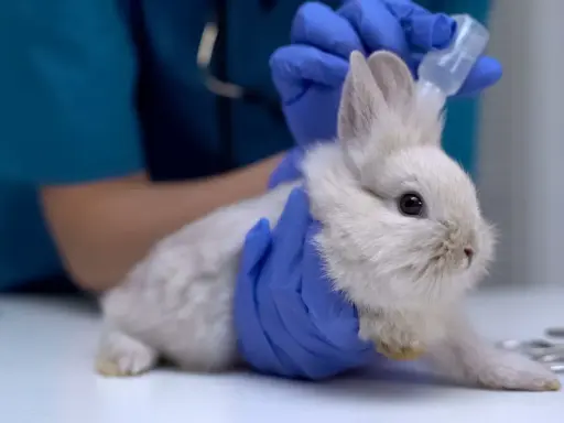 Tierarzt gibt einem Kaninchen mit Traumeel Tropfen.