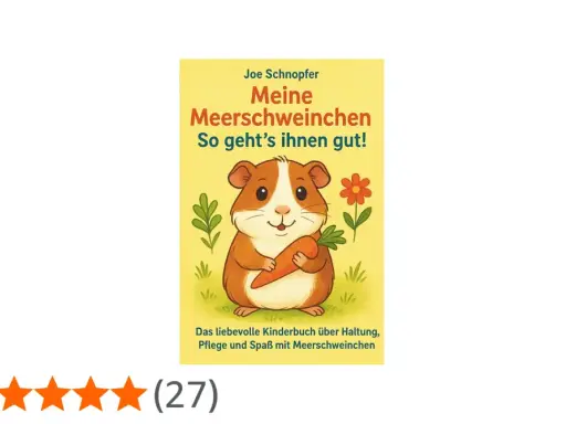 Ein süßes Meerschweinchen hält eine Karotte. Das Buch "Meine Meerschweinchen" erklärt, was fressen Meerschweinchen und wie sie glücklich sind.