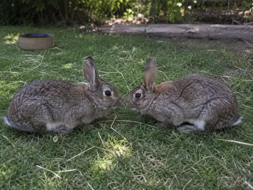 Zwei Kaninchen beschnuppern sich, vielleicht wird hier die Kaninchen Rangordnung ausgehandelt.