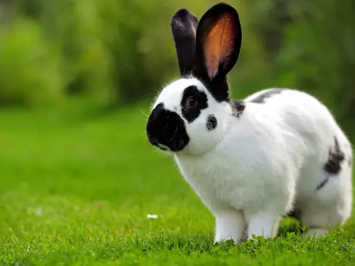 Ein schwarz-weißer deutscher Riese mit langen Ohren steht auf einer grünen Wiese.