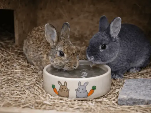 Zwei Kaninchen trinken aus einem Napf. Die Frage, wie viel trinken Kaninchen am Tag, ist wichtig für ihre Gesundheit.