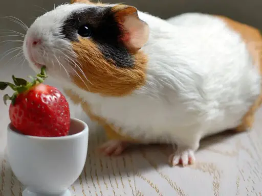 Ein Meerschweinchen nascht genüsslich von einer Erdbeere in einem kleinen weißen Napf.
