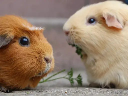 Zwei Meerschweinchen, eines rotbraun, das andere hellgelb, teilen sich ein Stück Petersilie. Die Anschaffung von Meerschweinchen ist nicht teuer.