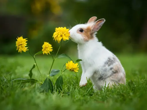 Ein neugieriges Kaninchen mit einem sanften Charakter schnuppert an gelben Blumen im Gras.