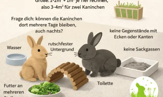 Zwei Kaninchen, ein helles und ein dunkles, sitzen nebeneinander. Sie jagen sich nicht, sondern erkunden ihr Gehege mit Futter, Wasser und einer Toilette.