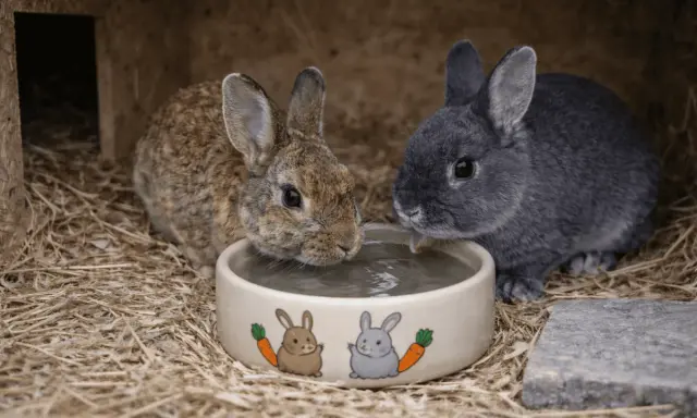 Zwei Kaninchen trinken aus einem Napf. Die Frage, wie viel trinken Kaninchen am Tag, ist wichtig für ihre Gesundheit.