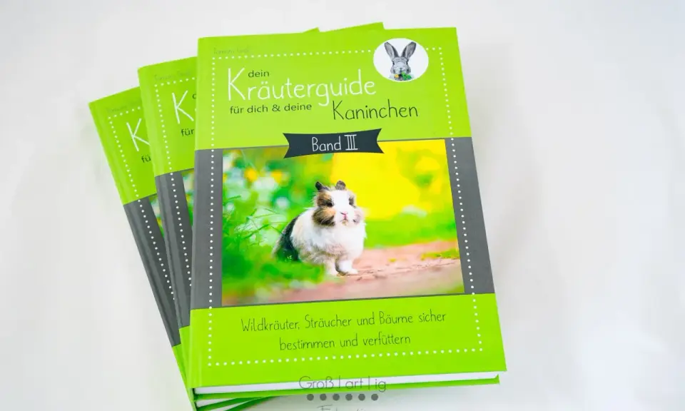 Drei grüne Bücher mit Kaninchenmotiv und dem Titel "Kräuterguide für deine Kaninchen".