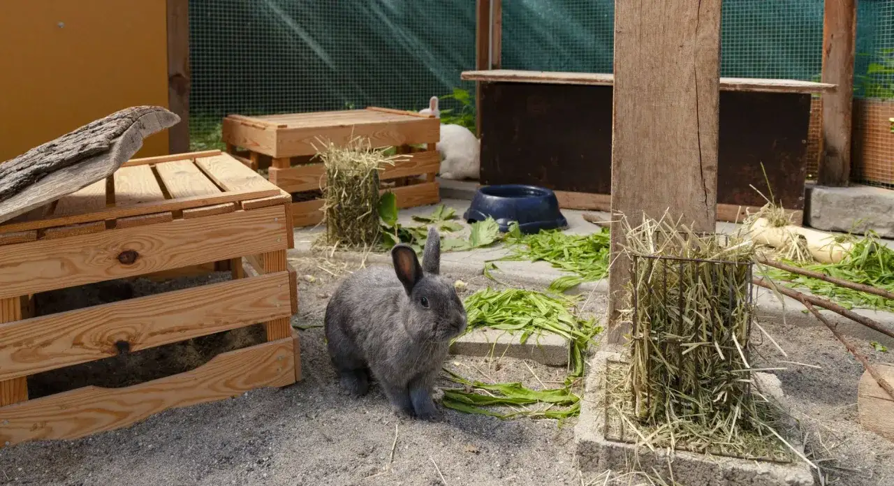 Ein grauer Hase sitzt auf dem Boden, umgeben von Holzkonstruktionen und grünem Futter. So sehen Hasen aus, wenn sie sich wohlfühlen.