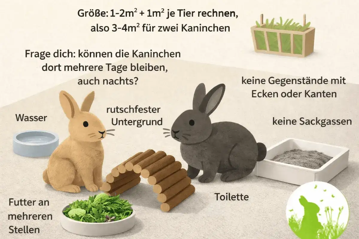Zwei Kaninchen, ein hellbraunes und ein graues, sitzen nebeneinander. Die Szene zeigt, wie man eine artgerechte Kaninchenhaltung gestaltet, um die Kaninchen-Rangordnung zu f&ouml;rdern.