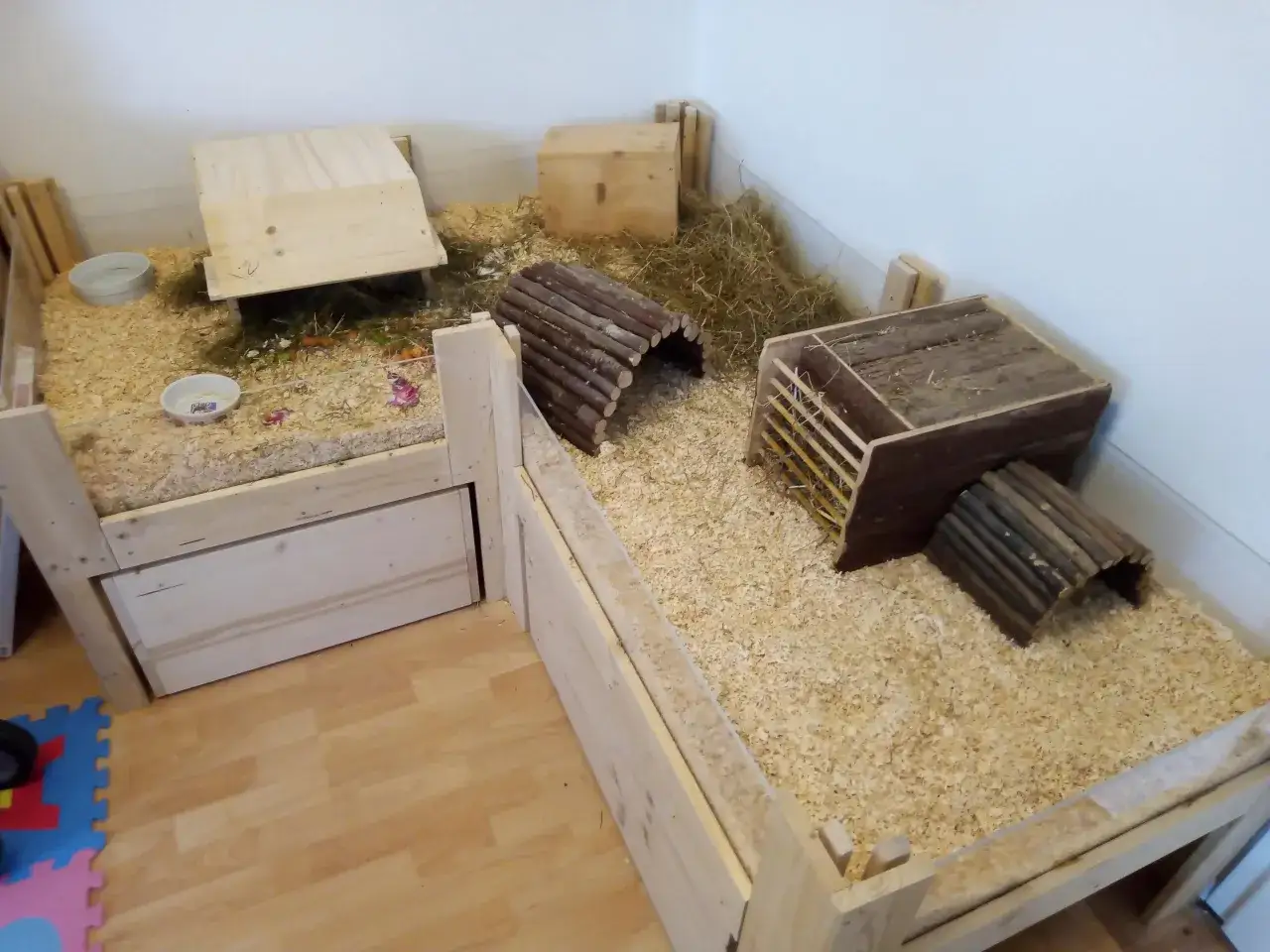 Ein ger&auml;umiger Meerschweinchenstall, den man selber bauen kann, mit Holzrampen, H&auml;usern und viel Einstreu.